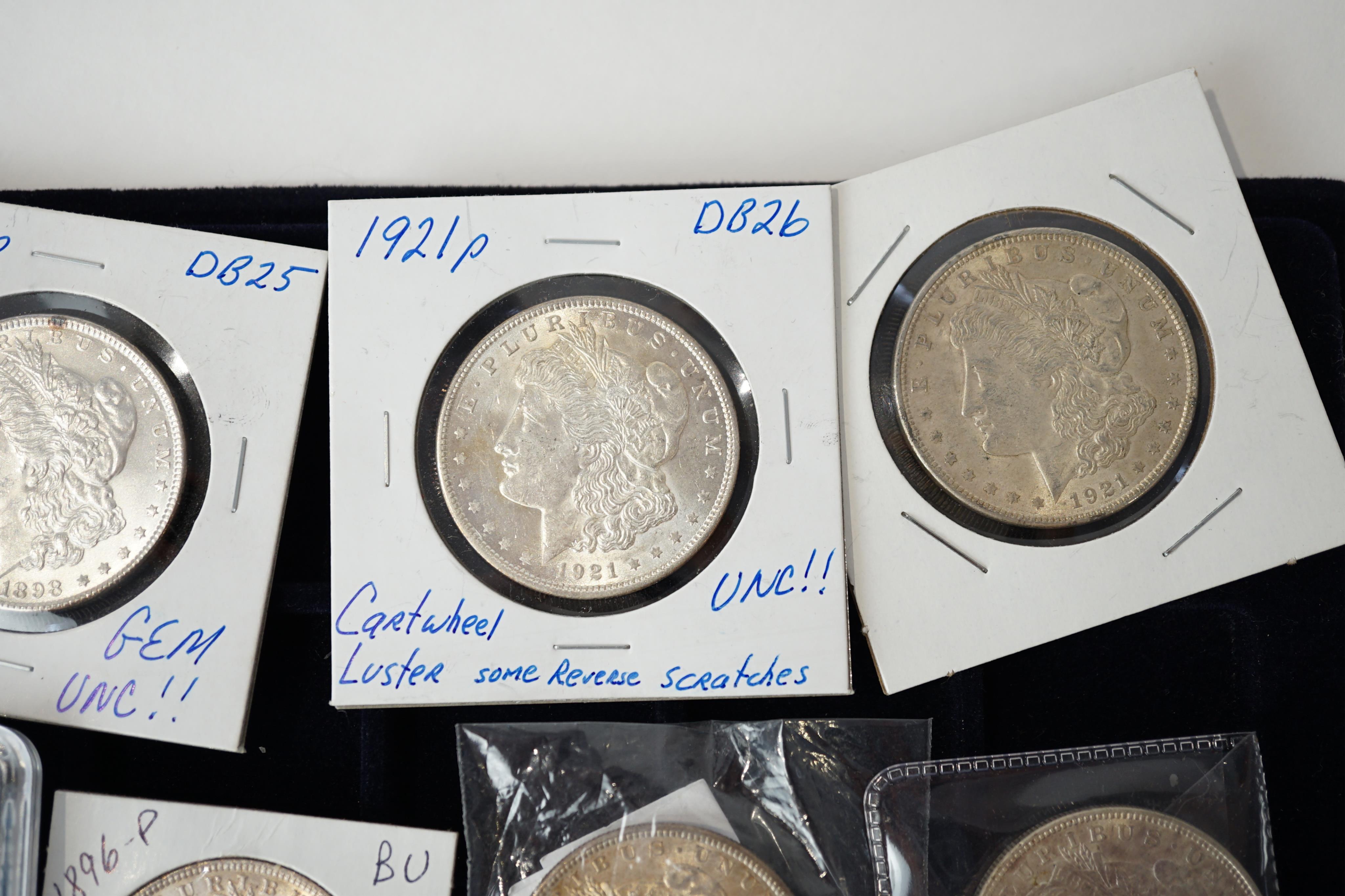 USA silver coins, 15 Morgan dollars; 1879, 1880, 1881, 1893 x 2, 1896, 1897, 1898 x 2, 1900, 1901 x 2, 1921 x 3, good VF to UNC